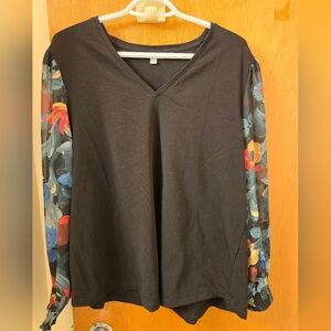 Chico's  XL (3) Black v-neck blouse with sheer floral sleeves with gold details